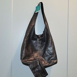 Anna Morelli Italian Leather Hobo Tote Shopper Bag Glittery Lead Color
